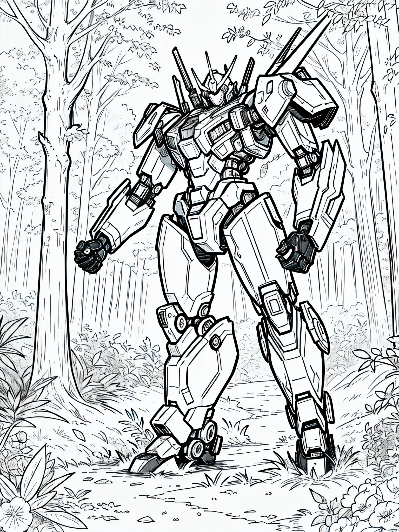 masterpiece, Best Quality, a mecha in the forest, closeup Line art, monochrome, clean lines, black and white, his summer, coloring book page,