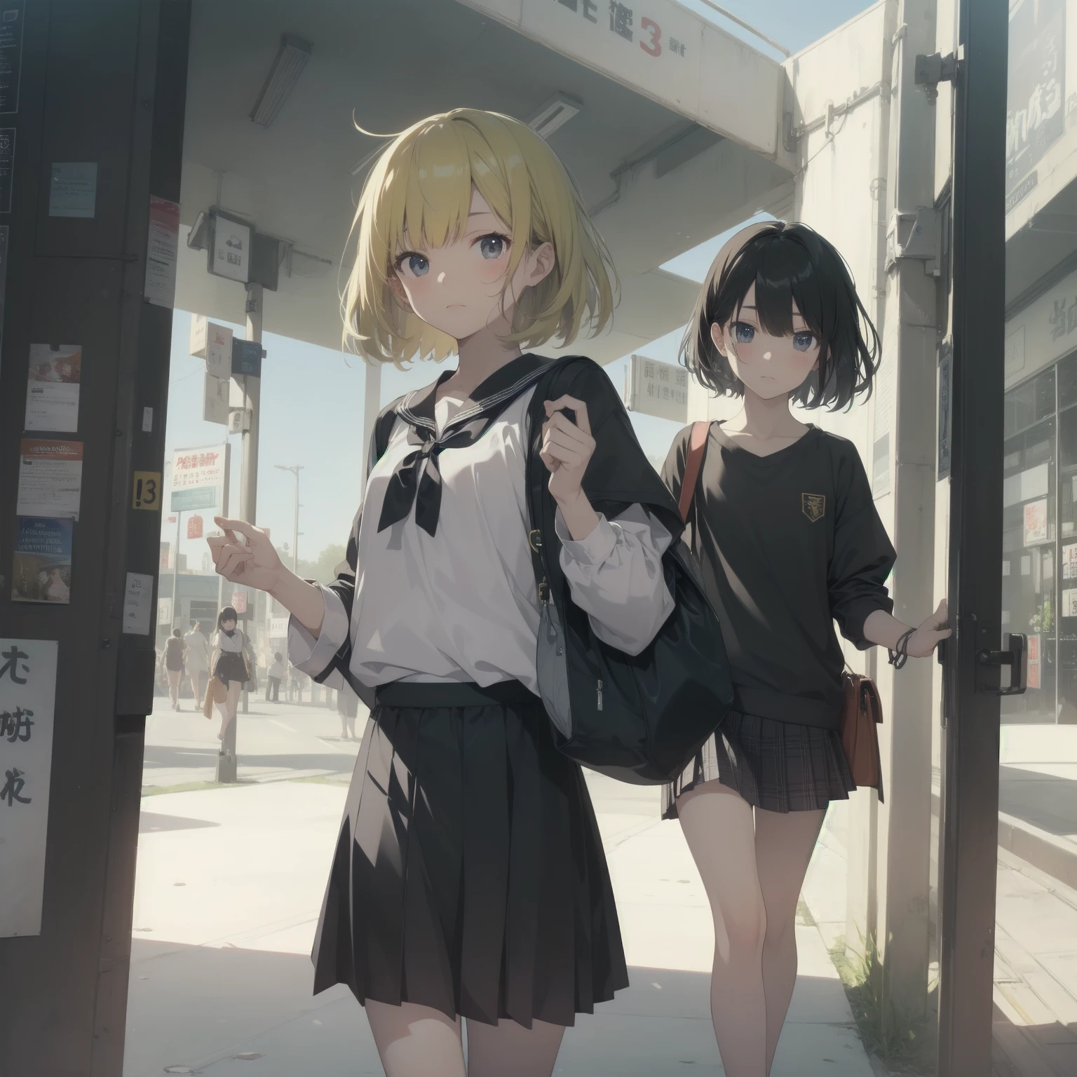 ultra-absurdres-Top quality by artist God, ultra-detailed, high resolution, anime moe artstyle, best anime 8k konachan wallpaper, pixiv contest winner, pool:2810, perfect anatomy,break, 1girl, (Please draw a girl walking sleepily to school alone. )break,(Solo,little female, 13-year-old:1.3),Full limbs, complete fingers,a junior high school student, (very short hair), short cut, flat chest, , small butt, small black eyes, beautiful detailed eyes, well-proportioned iris and pupils, expressive eyes, highres detailed hair, soft expression, salor school_uniform, sailor collar, serahuku, bow, pleated skirt,(Detailed Lighting), (Detailed background), in the School commute route. break,super detailed skin, Best cinematic lighting powered by famous artist, 8k,beauty illustration,photoshop_(medium),very aesthetic,break,((artist:fumihiko (fu mihi ko) )), artist:clamp ,artist:carnelian ,artist:kantoku ,