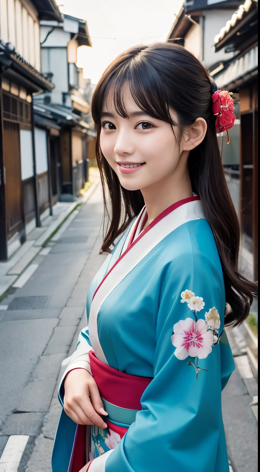 Professional Lighting,(Realistic:1.4), (Top image quality:1.0), (超High resolution:1.0), 8k, Raw photography, (masterpiece:0.2), (Dealing with the Children_v1:0.5)、(最高quality Detail:1.2)、Realistic、8kウルトラHD、High resolution、(1 girl:1.2)、超detailedな、High quality textures、複雑なdetailed、detailed、Very detailed CG、High quality shadows、detailed 美しく繊細な顔、Beautiful details and a delicate eye、(Symmetrical eyes:1.2),Written boundary depth、Ray Tracing,1 girl, Japanese Girls, (Natural smile:1.4),cute, thin, Portrait of a beautiful Japanese woman in a kimono, Standing elegantly on a street corner in Kyoto. Kimono with vibrant traditional patterns, Hair decorated with elegant and delicate hairpins, Gentle expression. (With the old streets of Kyoto in the background:1.4)、The soft light of a spring afternoon、Adding tranquility to the scene. Rendered in a Realistic style with great attention to detail, High resolutionの画像.Sky Porn, Magic Hour, (Realistic:1.3), finely, quality, (Tabletop:1.2), (Realistic:1.2), (最高quality), (複雑なdetailed), dramatic, Ray Tracing, photograph, +roller