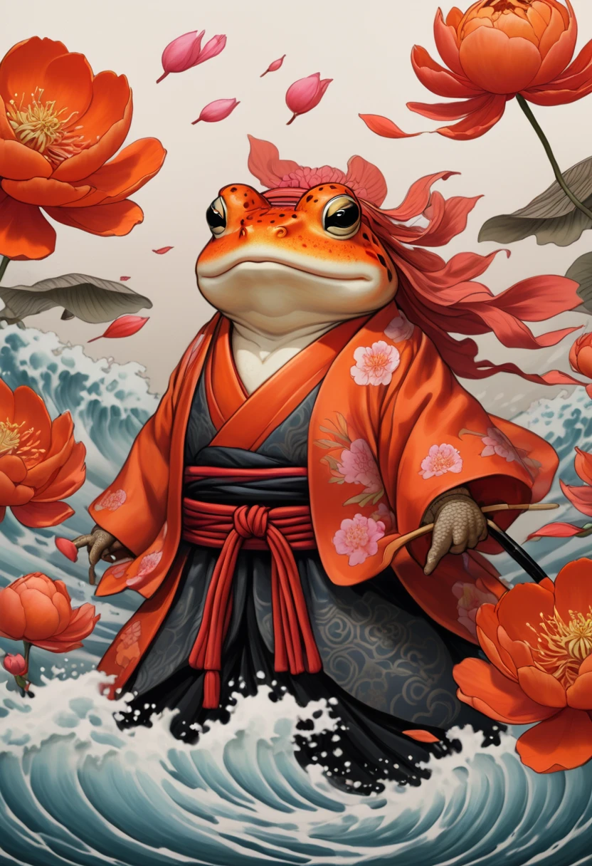 Red orange samurai toad waves peonies