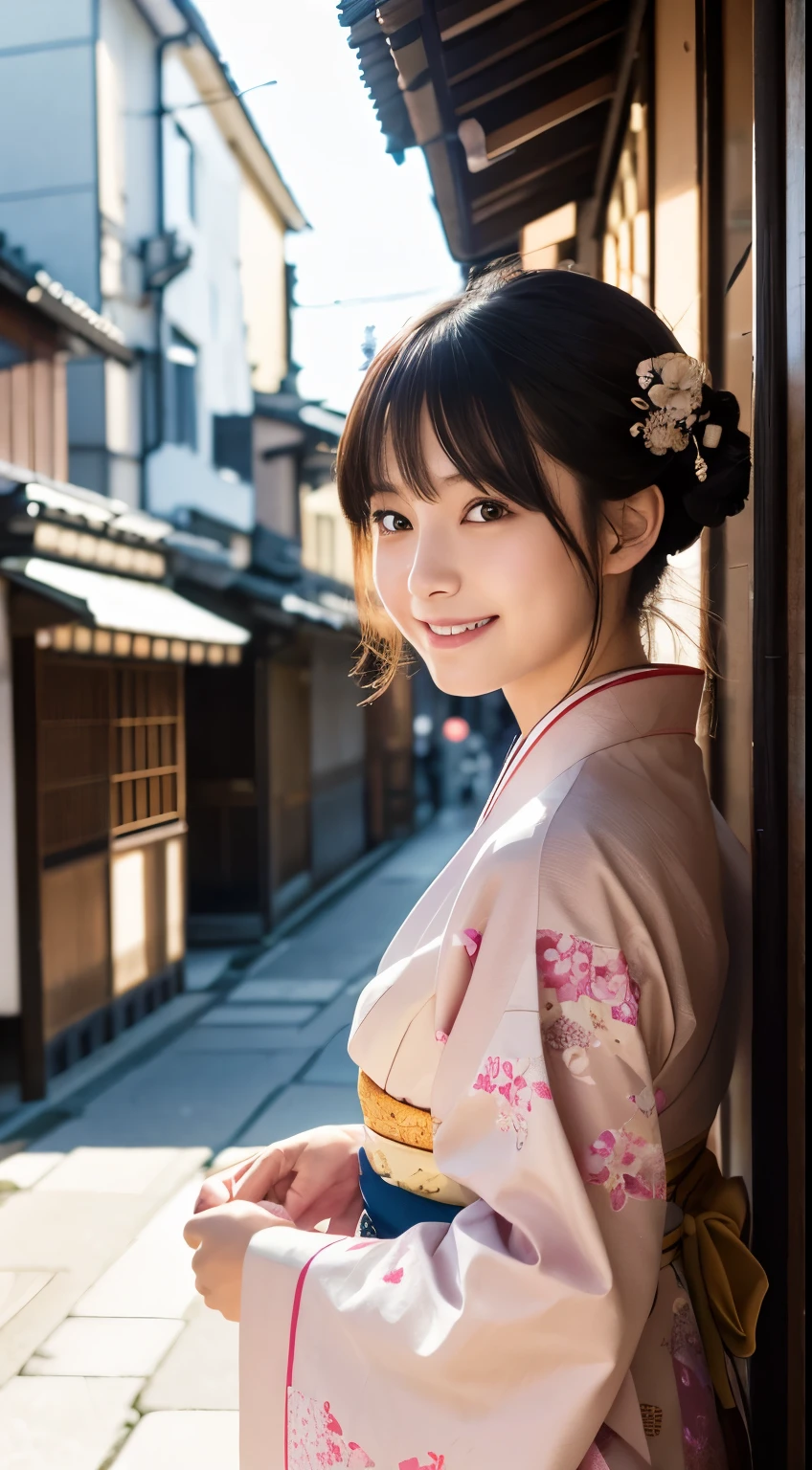 Professional Lighting,(Realistic:1.4), (Top image quality:1.0), (超High resolution:1.0), 8k, Raw photography, (masterpiece:0.2), (Dealing with the Children_v1:0.5)、(最高quality Detail:1.2)、Realistic、8kウルトラHD、High resolution、(1 girl:1.2)、超detailedな、High quality textures、複雑なdetailed、detailed、Very detailed CG、High quality shadows、detailed 美しく繊細な顔、Beautiful details and a delicate eye、(Symmetrical eyes:1.2),Written boundary depth、Ray Tracing,1 girl, Japanese Girls, (Natural smile:1.4),cute, thin, Portrait of a beautiful Japanese woman in a kimono, Standing elegantly on a street corner in Kyoto. Kimono with vibrant traditional patterns, Hair decorated with elegant and delicate hairpins, Gentle expression. (With the old streets of Kyoto in the background:1.4)、The soft light of a spring afternoon、Adding tranquility to the scene. Rendered in a Realistic style with great attention to detail, High resolutionの画像.Sky Porn, Magic Hour, (Realistic:1.3), finely, quality, (Tabletop:1.2), (Realistic:1.2), (最高quality), (複雑なdetailed), dramatic, Ray Tracing, photograph, +roller
