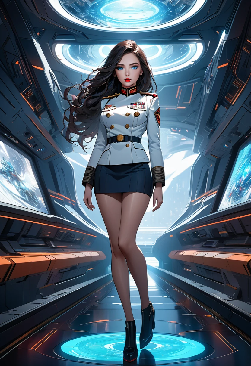 beautiful detailed eyes, beautiful detailed lips, extremely detailed eyes and face, longeyelashes, 1girl, gorgeous woman, detailed face, long dark hair, blue eyes, pale red lips, tight white military officer uniform with miniskirt, standing on the bridge of a spaceship, high definition, full body shot, hologram, 8k, hyperdetailed, cinematic lighting, dramatic colors, sci-fi, concept art