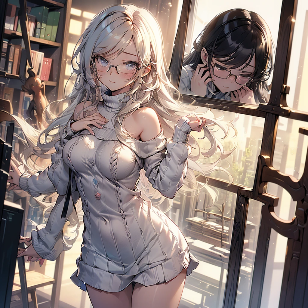 ((Best Quality)), ((Masterpiece)), (detailed), perfect body, 1 girl, beautiful, naked,masterpiece),(best quality), glasses, chakumomi, pov hand, breast grab, (embarrassed),sweater, in library,