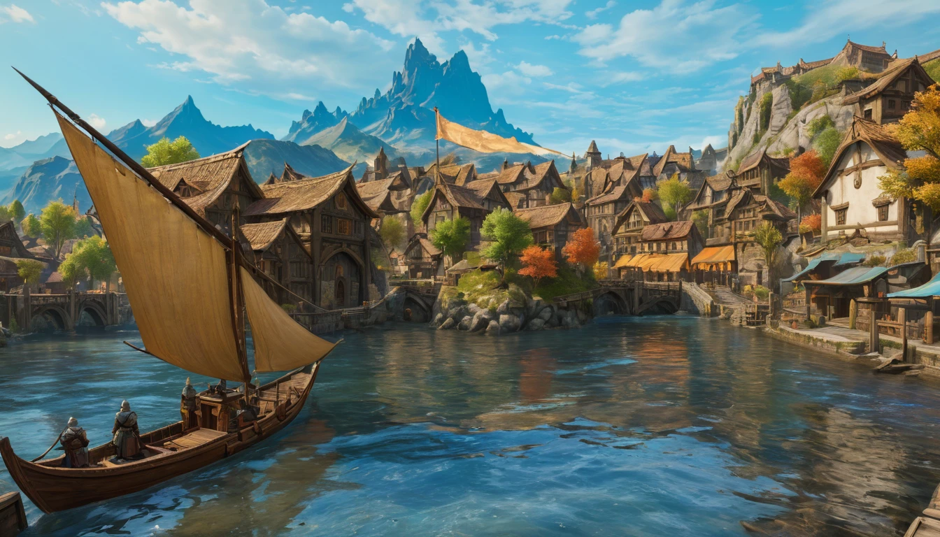 (anime, fantasy, medieval village), (best quality, highres, HDR:1.2), vibrant colors, detailed landscape, intricate, painting of a boat in a river with a mountain in the background, renaissance port city background, riften city in the background, whiterun in the style of pixar, stunning arcanum backdrop, vivec city, imperial city in the distance, town in the background, harbor, thancred waters, beautiful screenshot