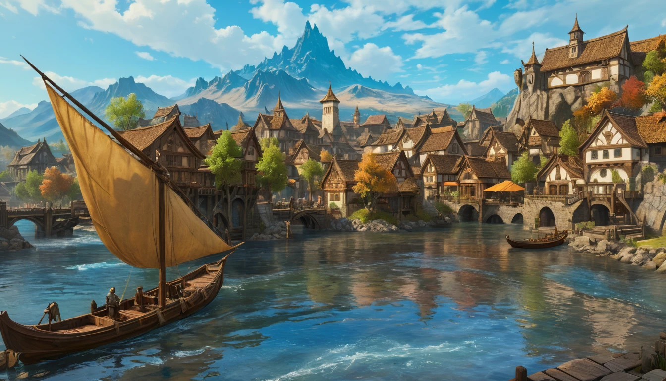 (anime, fantasy, medieval village), (best quality, highres, HDR:1.2), vibrant colors, detailed landscape, intricate, painting of a boat in a river with a mountain in the background, renaissance port city background, riften city in the background, whiterun in the style of pixar, stunning arcanum backdrop, vivec city, imperial city in the distance, town in the background, harbor, thancred waters, beautiful screenshot