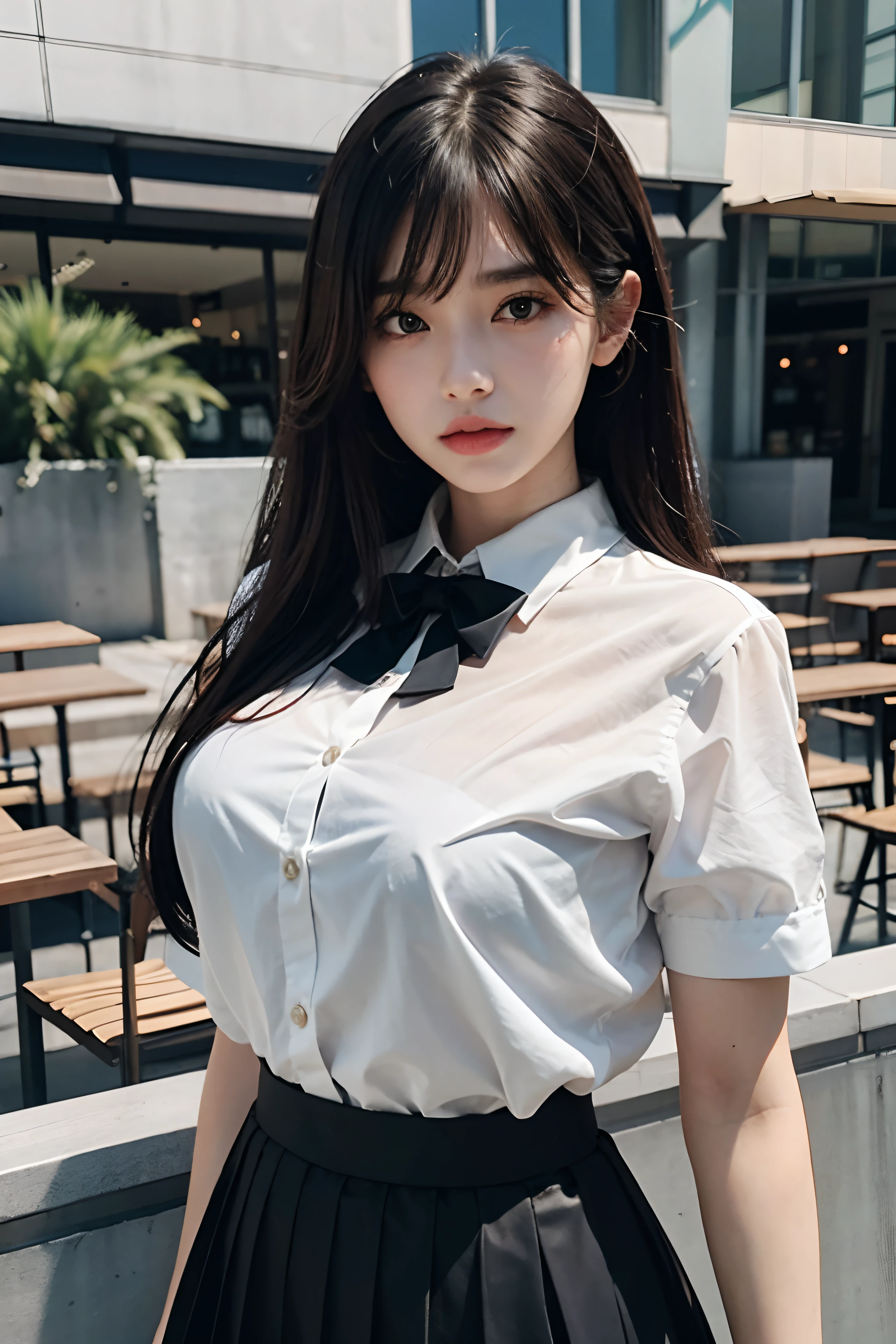 (Original Photography、Best quality)、(realism、lifelike:1.2)、Close-up portrait photography、1 girl、Rooftop cafe in shopping mall、outdoor、Cool Face、(High Detail Skin:1.4)、Gorgeous hair、Air bangs、Brown black hair、White transparent shirt and bow tie、Bright red pleated skirt、Soft lighting、high quality、((Huge breasts below))