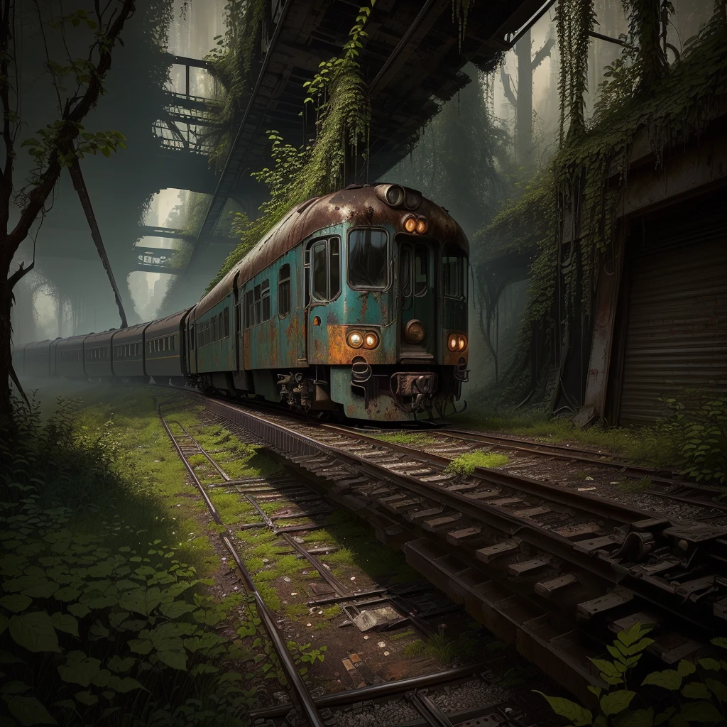 There is a train running under a bridge in the woods, abandoned railroad, an abandoned rusted train, abandoned railroads, Overgrown environment, Overgrown place, Post-apocalyptic atmosphere, an Overgrown, Overgrown, vegetation inspiration, Overgrown city, abandoned, Realistic dark concept art, dieselpunk train station, post apocalyptic scene, Post-End Day Setting ,((low angle shot 1.7)) ((Camera lens close to the ground to shoot 1.8))