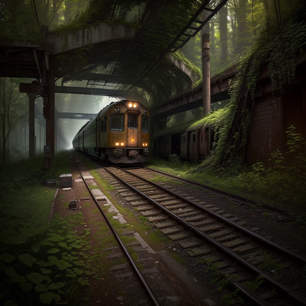 There is a train running under a bridge in the woods, abandoned railroad, an abandoned rusted train, abandoned railroads, Overgrown environment, Overgrown place, Post-apocalyptic atmosphere, an Overgrown, Overgrown, vegetation inspiration, Overgrown city, abandoned, Realistic dark concept art, dieselpunk train station, post apocalyptic scene, Post-End Day Setting ,((low angle shot 1.7)) ((Camera lens close to the ground to shoot 1.8))