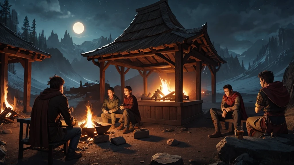 people telling stories around campfires at night (digital art, fantasy art, RPG art)