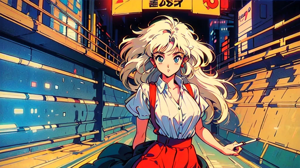 (80's, Retro, City Pop Poster:1.5), (Album cover), (masterpiece, Highest quality), (anime, figure),
Best Photo Poses, Dynamic Angle, Cowboy Shot,
girl, alone, 80 anime style, 19 year old Russian girl, blonde girl, shoulder-high hair, bangs, Smoke a cigarette, Wearing a white button-down shirt, Short sleeve , And a red skirt, Warzone, Green Eyes, Large Breasts, Wide Hips, A perfect eye for detail, Delicate face, blue eyes, Blonde,