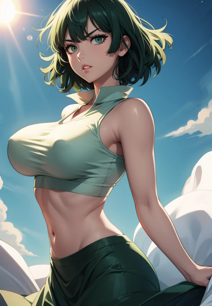 realistic, 1girl, Fubuki, green hair, green eyes, big round breasts, pure white skin, shining eyes, dark green crop top, dark green skirt, parted lips, rouge, night, flowers, sun, sunshine