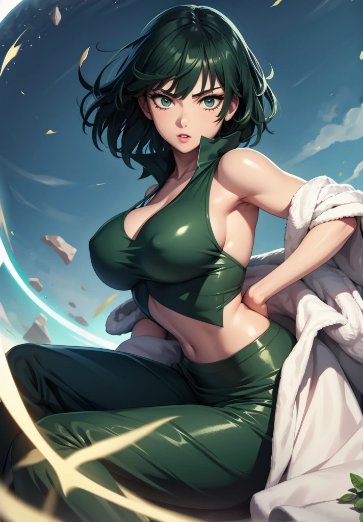 realistic, 1girl, Fubuki, green hair, green eyes, big round breasts, pure white skin, shining eyes, dark green crop top, dark green skirt, parted lips, rouge, night, flowers, sun, sunshine