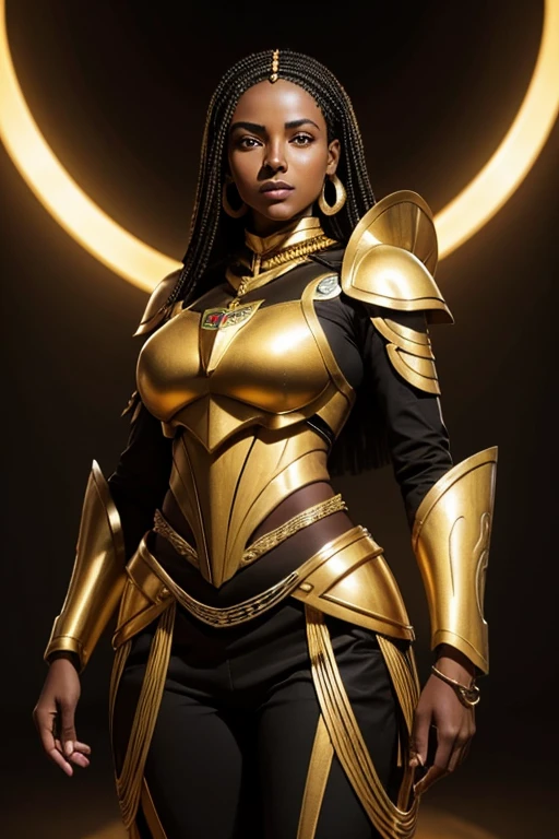 Ethiopian woman, ethnically Ethiopian, athletic and muscular, in late twenties, wearing black and gold luxtech, ethnic jewelry, wearing black and gold mecha armor that has no helmet