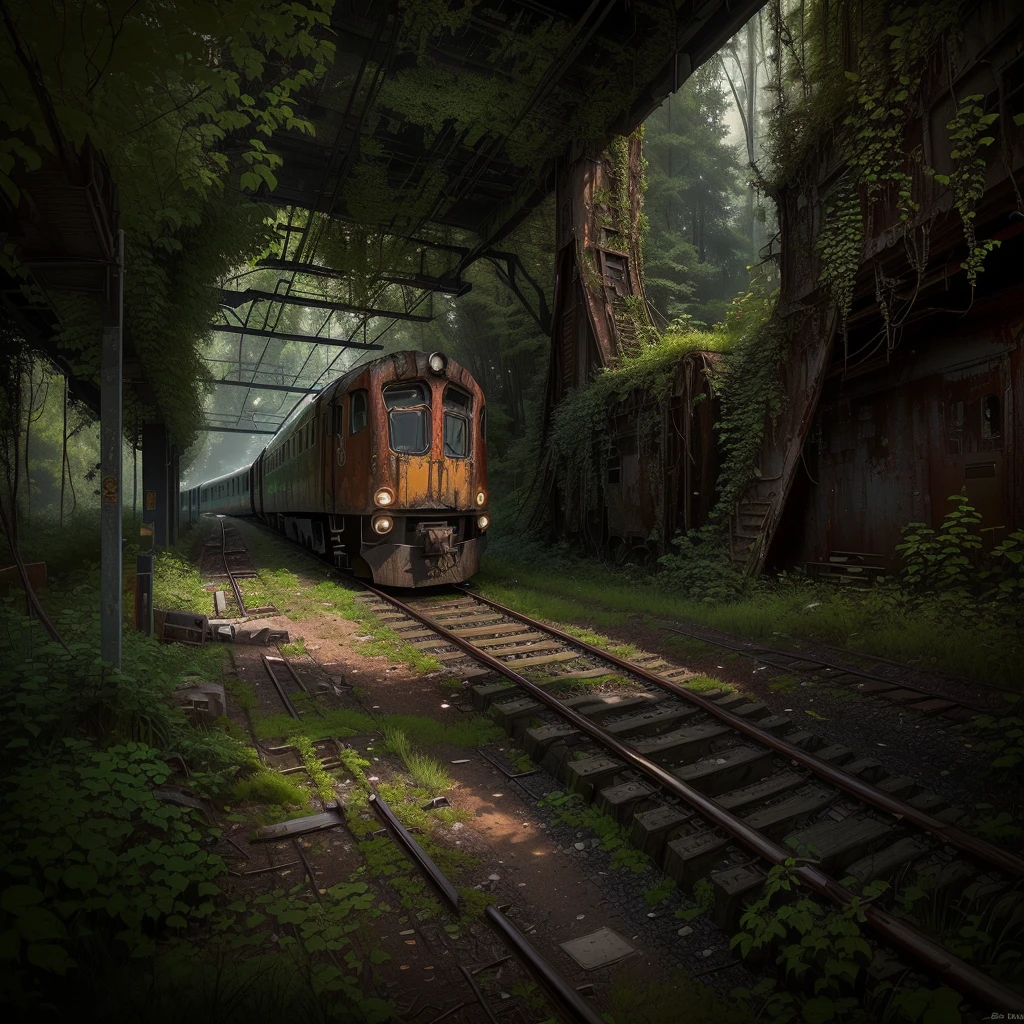 There is a train running under a bridge in the woods, abandoned railroad, an abandoned rusted train, abandoned railroads, Overgrown environment, Overgrown place, Post-apocalyptic atmosphere, an Overgrown, Overgrown, vegetation inspiration, Overgrown city, abandoned, Realistic dark concept art, dieselpunk train station, post apocalyptic scene, Post-End Day Setting ,((low angle shot 1.7)) ((Camera lens close to the ground to shoot 1.8))