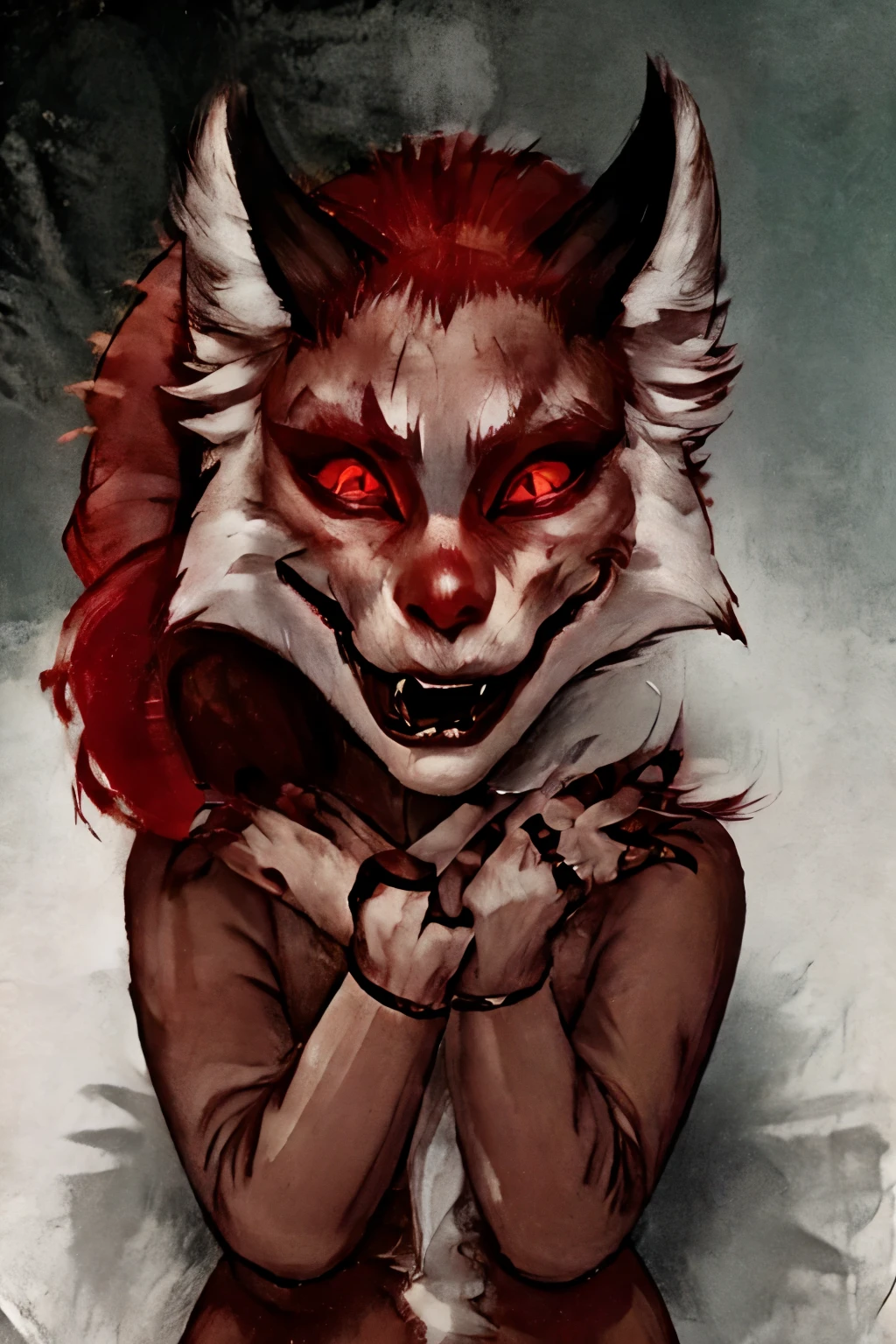The hag entity sleep paralysis appearence  thin girl,red haired,creepy red eyes,fangs mouth,pale skin,red wine claws,creepy white dress,bedroom,children,vampire,gloomy