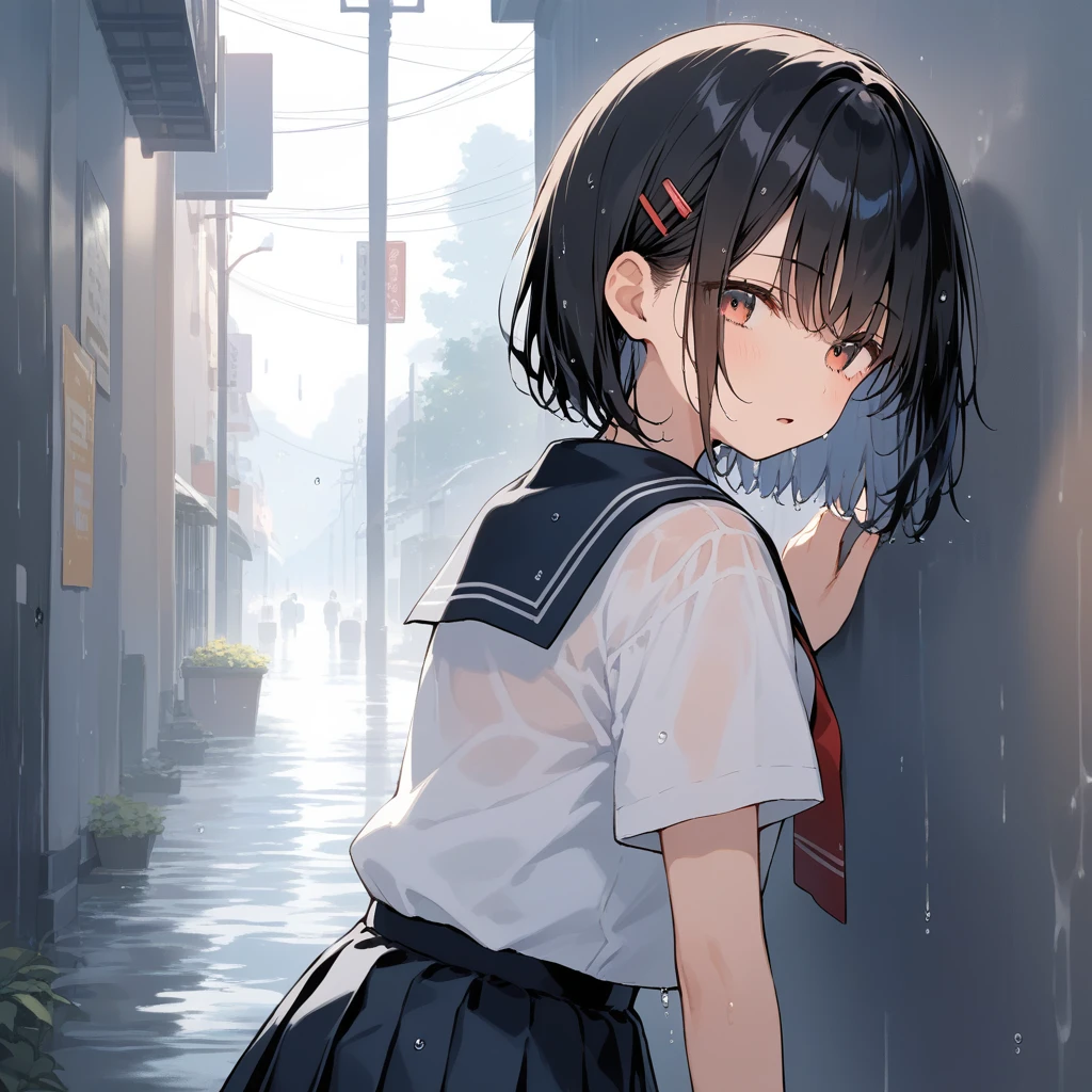 score_9, score_8_up, score_7_up, source_anime, best quality, masterpiece, official art, absurdres, highres, ultra-detailed,waifu2x,Collection: Slice of Life,break,1girl, very short hair, bob cut, small breasts, beautiful detailed eyes, expressionless, open mouth, (yawn:0.3), wet, school_uniform, see-through shirt, underwear, sleepily, rainy, outdoors, against wall, alley, break,(clear line illustration:1.2), super detailed skin,very high resolution, very aesthetic, Best sexual lighting powered by famous artist, 8k,cute picture,beauty illustration,photoshop_(medium),,(Detailed Lighting),best anime 8k konachan wallpaper, pixiv contest winner,