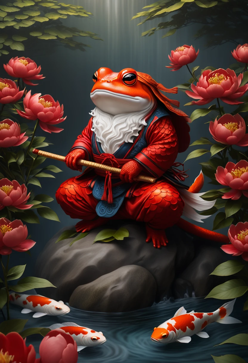 Orange-red samurai toad waves peonies perched on a koi