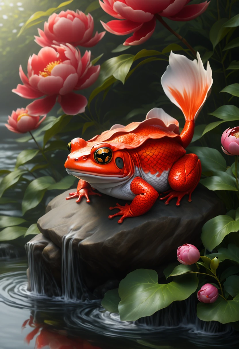 Orange-red samurai toad waves peonies perched on a koi