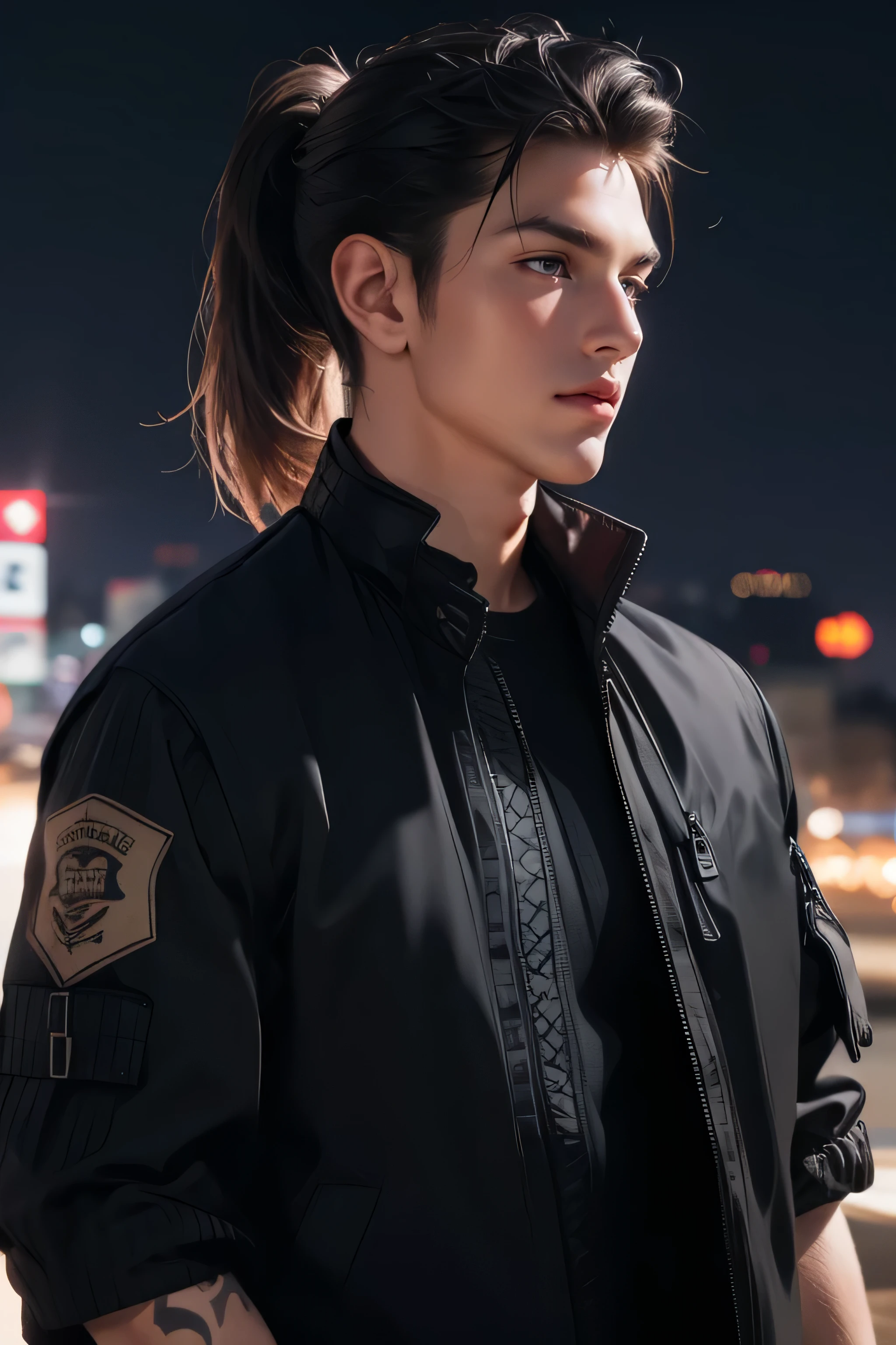  a man, muscualr,strong body,trained, ((wearing half sleeve black jacket:1.5)), (best quality,4k,8k,highres,masterpiece:1.2),ultra-detailed,realistic,professional,(portraits,concept artists),vivid colors,sharp focus,HDR,studio lighting,(black hair:1.1),(purple eyes:1.1), hair reaching the above neck, tied in a short half-ponytail, dutch feature, tanned skin, city night view in background