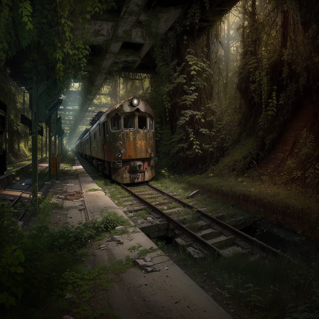 There is a train running under a bridge in the woods, abandoned railroad, an abandoned rusted train, abandoned railroads, Overgrown environment, Overgrown place, Post-apocalyptic atmosphere, an Overgrown, Overgrown, vegetation inspiration, Overgrown city, abandoned, Realistic dark concept art, dieselpunk train station, post apocalyptic scene, Post-End Day Setting ,((low angle shot 1.7)) ((Camera lens close to the ground to shoot 1.8))