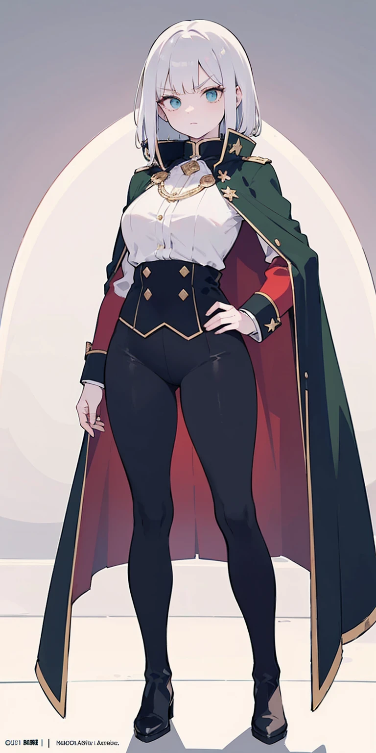 A woman with long platinum bob hair, white arched crescent eyebrows, sharp and determined eyes, a delicate oval face, a serious expression, a fantasy-style dark green military coat, draped with a dark red waist-length cloak, military trousers, military leather combat boots (silver greaves leggings) one hand on her hip and the other on her chest proudly, red cheeeks heavy makeup, standing in a spacious training ground, this character embodies a finely crafted fantasy-style female military officer in anime style, exquisite and mature manga art style, pale skin, high definition, best quality, highres, ultra-detailed, ultra-fine painting, extremely delicate, professional, perfect body proportions, golden ratio, anatomically correct, symmetrical face, extremely detailed eyes and face, high quality eyes, creativity, RAW photo, UHD, 32k, Natural light, cinematic lighting, masterpiece-anatomy-perfect, masterpiece:1.5