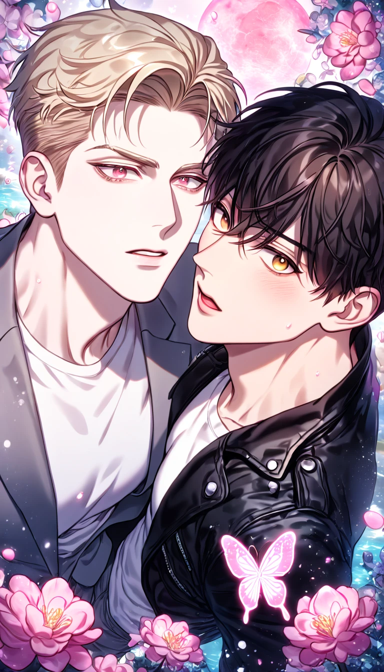 (absurdres, highres, ultra detailed, HDR) master piece, best quality, extremely detailed face, delicated features, Sung Hyunjae, ash-blonde hair, expressive yellow eyes, The S-Classes That I Raised, Han Yoojin, black hair, expressive brown eyes, two sexy men together, gay couple, yaoi, handsome, black leather jacket, white shirt, gray suit, fantasy, magical, water, pink moon, pink flowers, pink butterflies, park