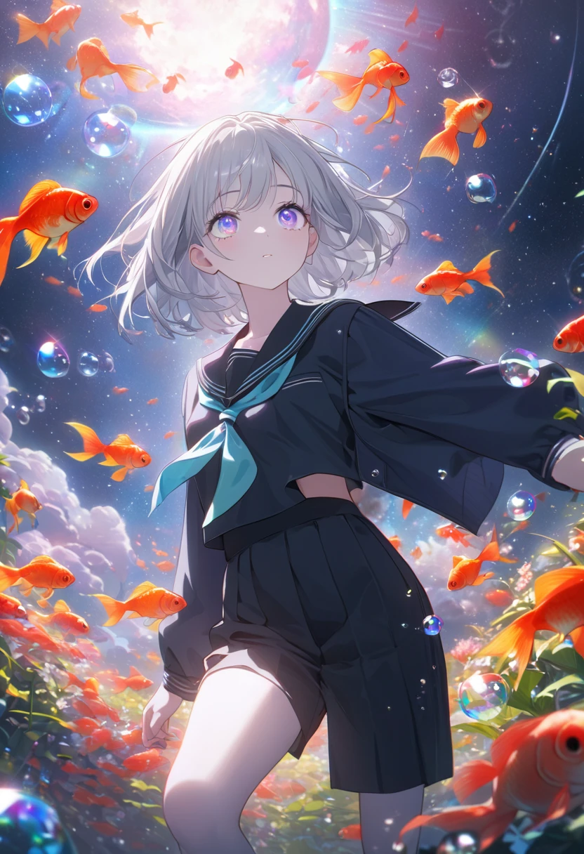 (woman\(student, 15 years old, ＪＫ, short hair, Silver Hair, Floating Hair, Space-colored eyes, Black sailor suit\(Of high school\), Pale skin, Tired face, No shine in the eyes\) Looking up at the sky), (Many goldfish are swimming in the air), Beautiful sky, Beautiful Clouds, Colorful summer flowers are blooming everywhere., (Transparent bubbles shine like prisms here and there in the sky), The midday moon and the midday star shine in the sky, woman is at messy downtown, break ,quality\(8k,非常に精細なCGユニットのwallpaper, masterpiece,High resolution,top-quality,top-quality real texture skin,Surreal,Increase the resolution,RAW Photos,最高quality,Very detailed,wallpaper,Cinema Lighting,Ray-tracing,Golden Ratio\),(Long Shot),Wide Shot,