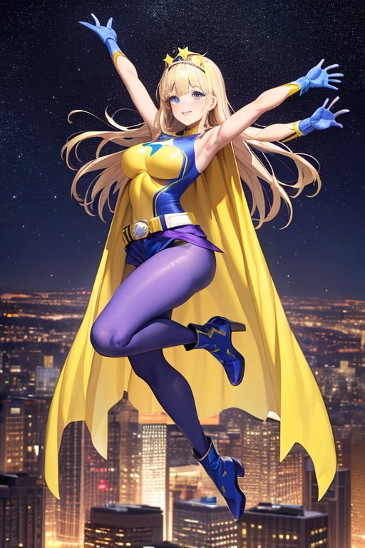 ((best quality)), ((masterpiece)), (detailed), 1 girl, Full body, 19 years old, Smiling face, Blue eyes, Star-shaped tiara, Arms outstretched, Arms behind waist, Blue superhero mask, Blushing, Blonde hair, Straight hair, Long hair, Bangs, Hair ornaments, Star hair ornaments, Full body, Medium breasts, Slim body, Hands with yellow stars, Yellow wristbands, Long purple gloves, Blue gloves, Blue gloves, Superhero costume, Superheroes, Yellow leotard suit, With a big yellow star in the center, Star emblem, Somewhat tight, Long yellow cape on waist, Red belt, Purple legs, Purple pantyhose, Long blue boots, Flying, City background, Anime