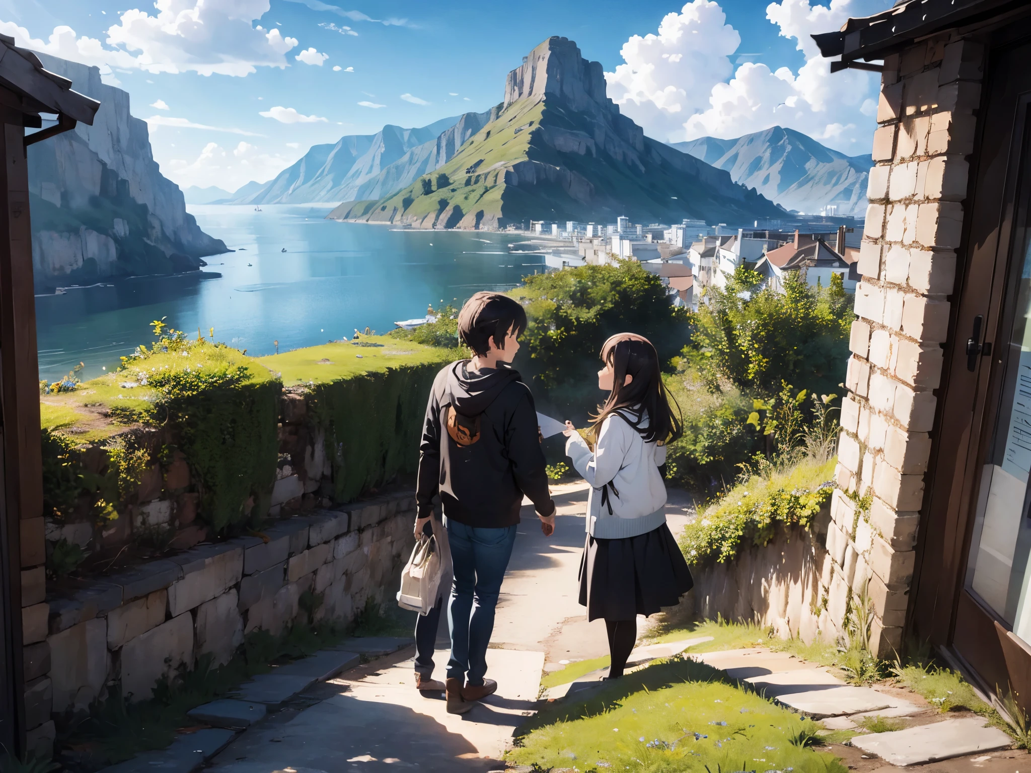 A poster,A couple looking at each other,On a lawn at the foot of the mountain,The view is the sea and the tower,Evening clouds