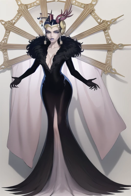 masterpiece, best quality, edea, hair ornament, earrings, cape, black dress, feather trim, plunging neckline, long sleeves, elbow gloves, makeup, lipstick, pale skin, huge breasts, leaning forward, from below, looking at viewer, furrowed brow, extremely glossy dress