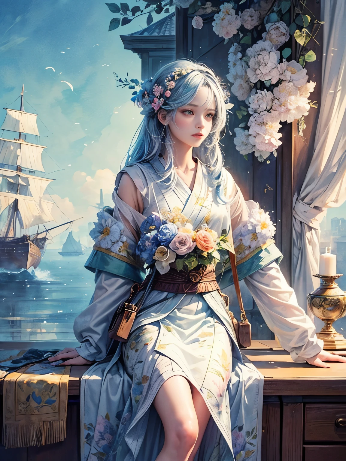 Cute navigator watercolor，Highlighting the characteristics and beauty of Renaissance watercolor paintings。The artwork should capture the unique characteristics of Renaissance watercolor painting.，for example, Use of light and shadow、Detailed brushwork and rich colors。The composition includes a sailor and a ship.，Sea etc..，Each one is carefully drawn，indivual々To showcase the beauty of the piece and the whole piece.。Detailed Background，Complements the Navigator，but、Not overwhelming the navigator。Focus on expressing the elegance and delicacy of the Navigator, (Floral watercolor:1.6)，(Ultra high color, Bright and vibrant colors:1.3)