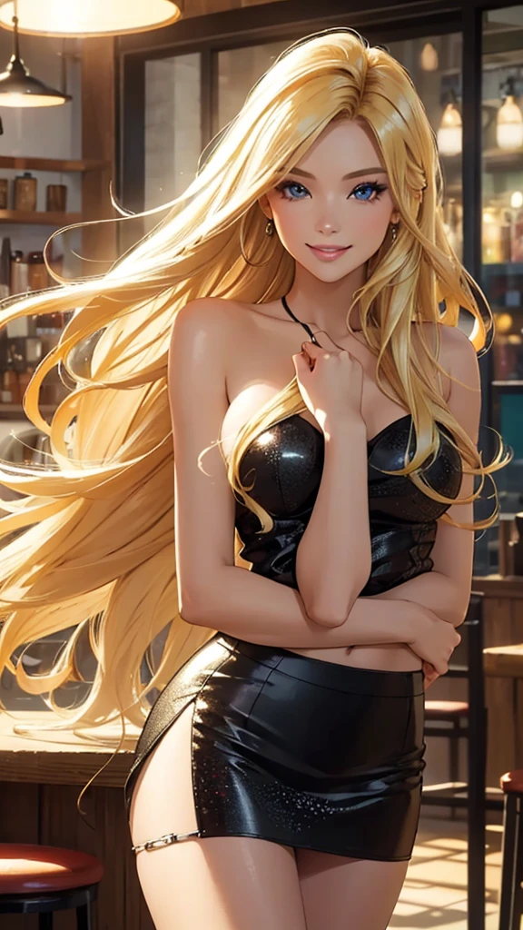 girl at a nightclub sitting at bar, eyeliner (masterpiece) (best quality) (detailed) (8k) (HDR) (wallpaper) (cinematic lighting) (sharp focus) (intricate) wavy blonde hair, biting lip, medium hair, slutty outfit, sexy, blush, aroused, cleavage, shiny , wet skin, girl, dark makeup, acting flirty, tucking hair behind ear, from behind