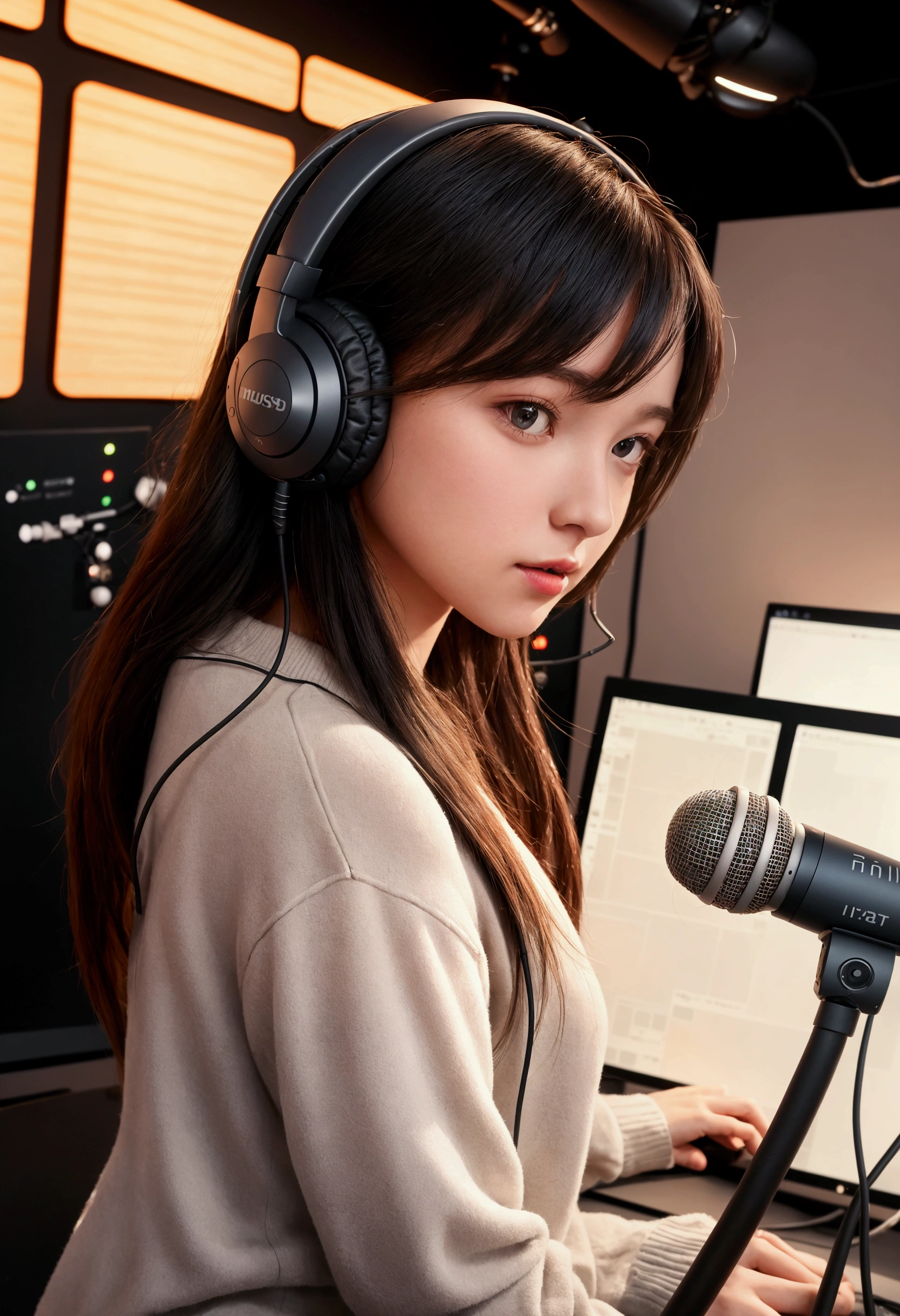 A beautiful young girl, podcast host, is in the center of a modern, well-lit studio. She uses a professional microphone and high-quality headphones, and is dressed stylishly and casually. The studio is cozy and modern, with acoustic panels, soft lighting and some decorative elements related to the world of podcasting.