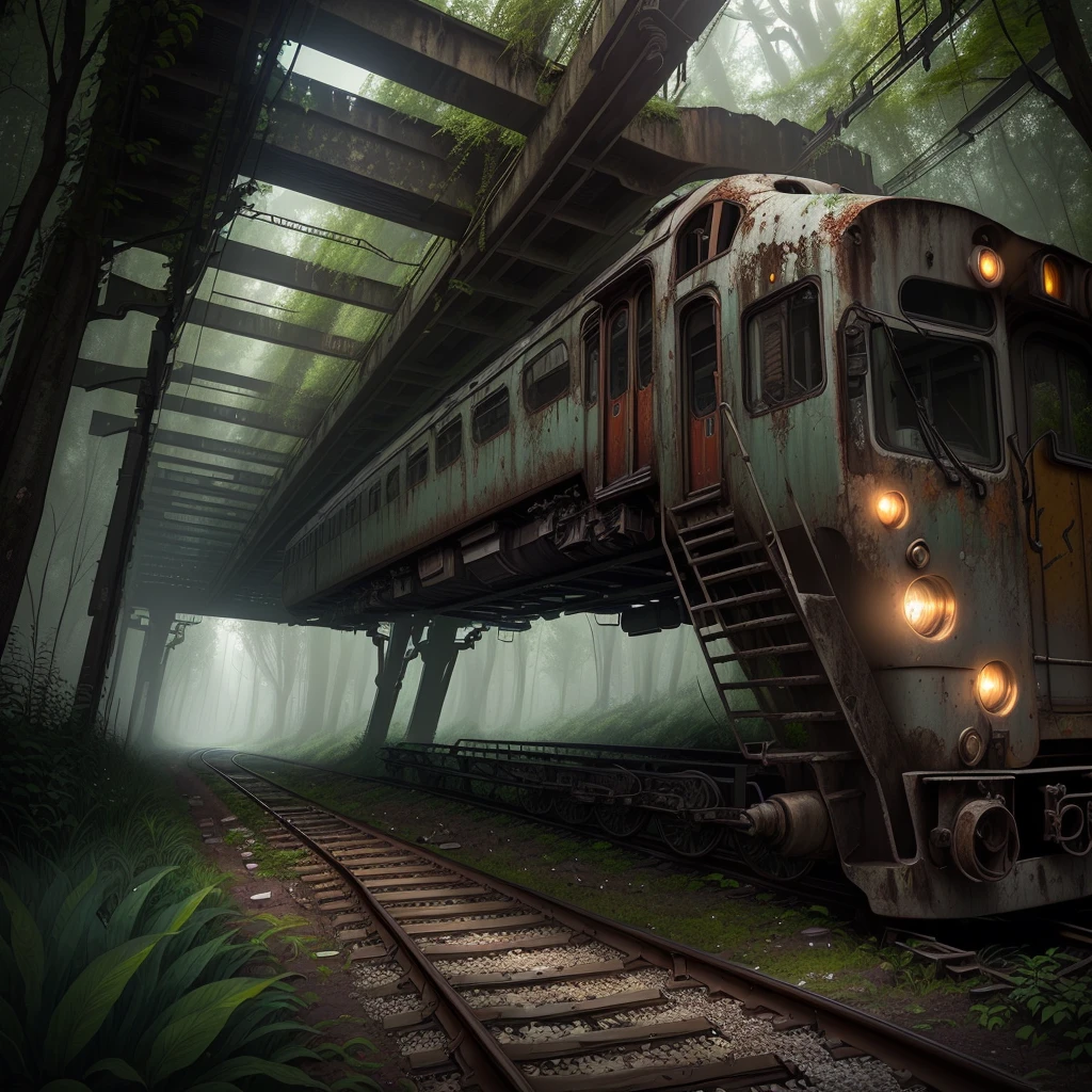 There is a train running under a bridge in the woods, abandoned railroad, an abandoned rusted train, abandoned railroads, Overgrown environment, Overgrown place, Post-apocalyptic atmosphere, an Overgrown, Overgrown, vegetation inspiration, Overgrown city, abandoned, Realistic dark concept art, dieselpunk train station, post apocalyptic scene, Post-End Day Setting ,((low angle shot 1.7)) ((Camera lens close to the ground to shoot 1.8))