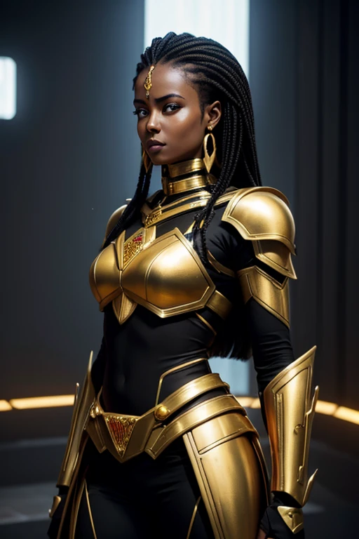 Ethiopian woman, ethnically Ethiopian, athletic and muscular build, in late twenties, wearing black and gold luxtech, ethnic jewelry, wearing black and gold mecha armor that has no helmet, cyberpunk themed