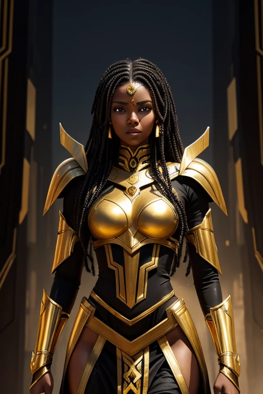 Ethiopian woman, ethnically Ethiopian, athletic and muscular build, in late twenties, wearing black and gold luxtech, ethnic jewelry, wearing black and gold mecha armor that has no helmet, cyberpunk themed