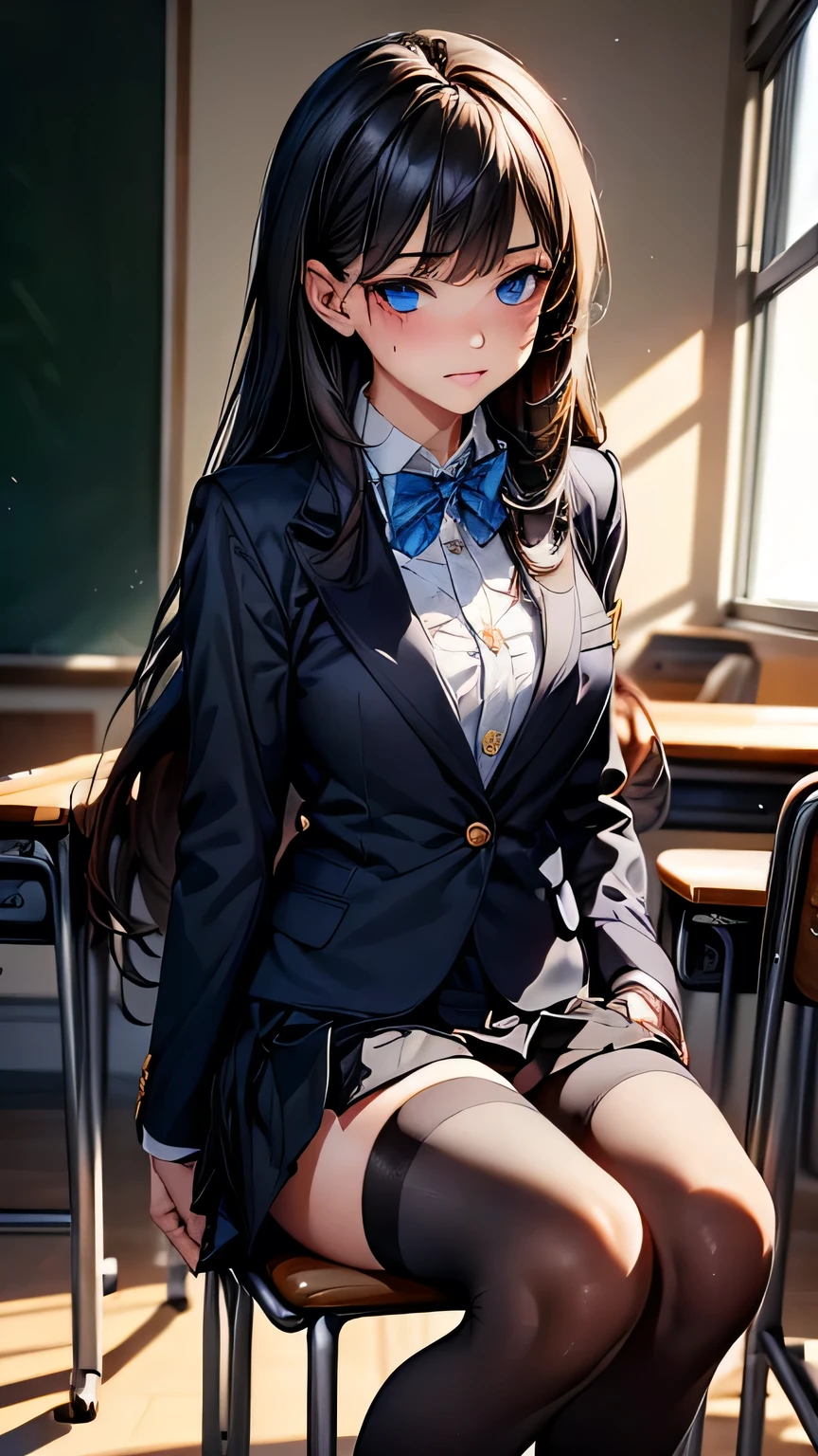 (masterpiece, Highest quality:1.2), (Realistic, photoRealistic:1.3), Browsing Caution, View your viewers, 1 girl, high school girl, Perfect Face, Glowing Skin, (Long Hair),Black Hair, Blue eyes, Long eyelashes, Beautiful Hair, Beautiful Face, Beautiful attention to detail, (Blazer uniform, Pleated mini skirt,Black Stockings), A bow tie, (Tense face),sitting in a classroom reading a book