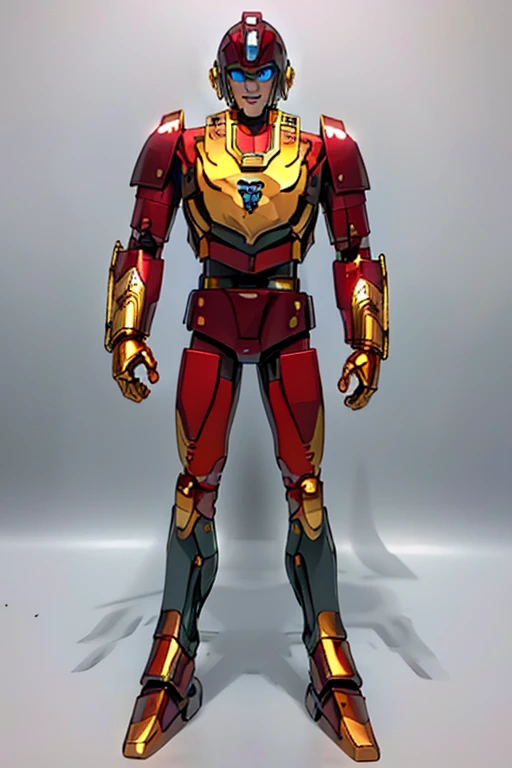 male, robot, blue eyes (((1boyl))), (((gold metal armor))), (gold metal arm guards), (gold metal leg guards), (gold metal helmet) long legs, smiling, standing