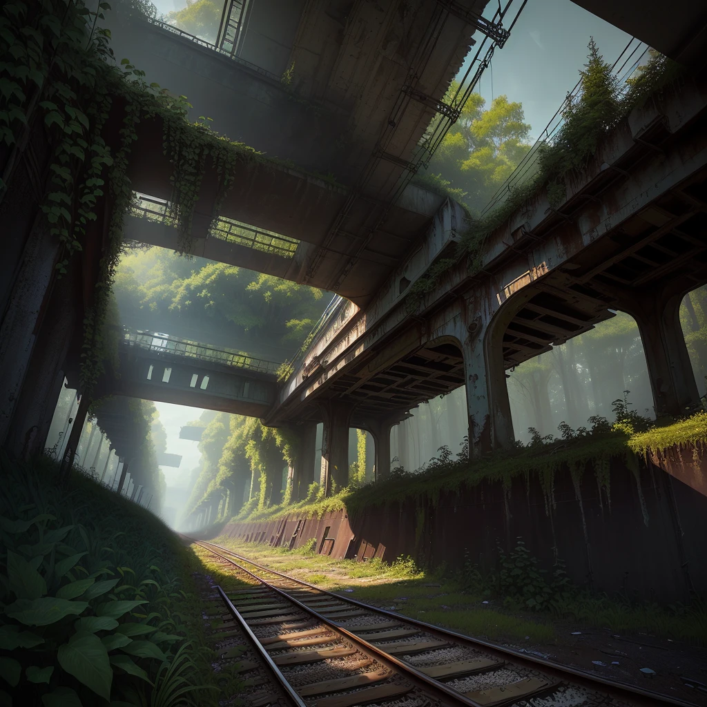There is a train running under a bridge in the woods, abandoned railroad, an abandoned rusted train, abandoned railroads, Overgrown environment, Overgrown place, Post-apocalyptic atmosphere, an Overgrown, Overgrown, vegetation inspiration, Overgrown city, abandoned, Realistic dark concept art, dieselpunk train station, post apocalyptic scene, Post-End Day Setting ,((low angle shot 1.7)) ((Camera lens close to the ground to shoot 1.8))