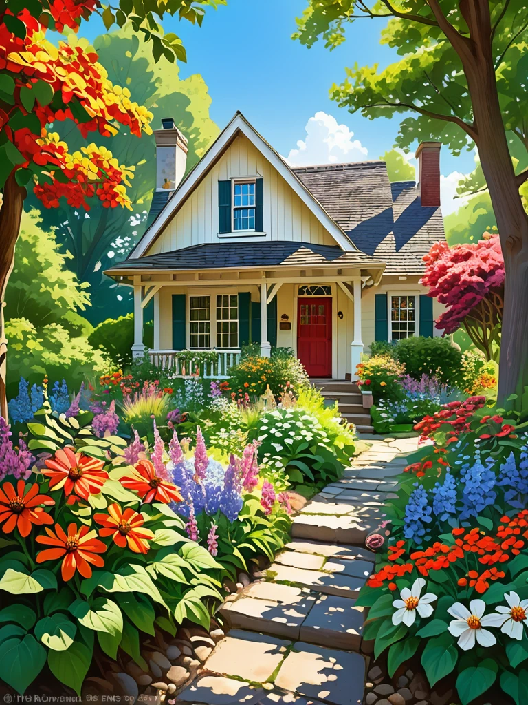 "Picture a quaint cottage nestled in a serene neighborhood, its architecture classic with a steeply pitched roof and a welcoming front door. Surrounding the house, a lush garden in full bloom under a canopy of mature trees that filter dappled sunlight onto the path. The garden is a riot of colors with red, orange, and white flowers, each cluster more vibrant than the last, attracting fluttering butterflies and busy bees. This idyllic setting is further enhanced by the clear blue sky peeking through the foliage, creating a perfect blend of nature and nurturing, rendered in a bright, colorful digital painting style."