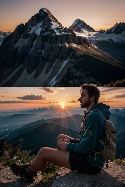 Dawnbreak, sunset view, mountain hiker, relaxing man