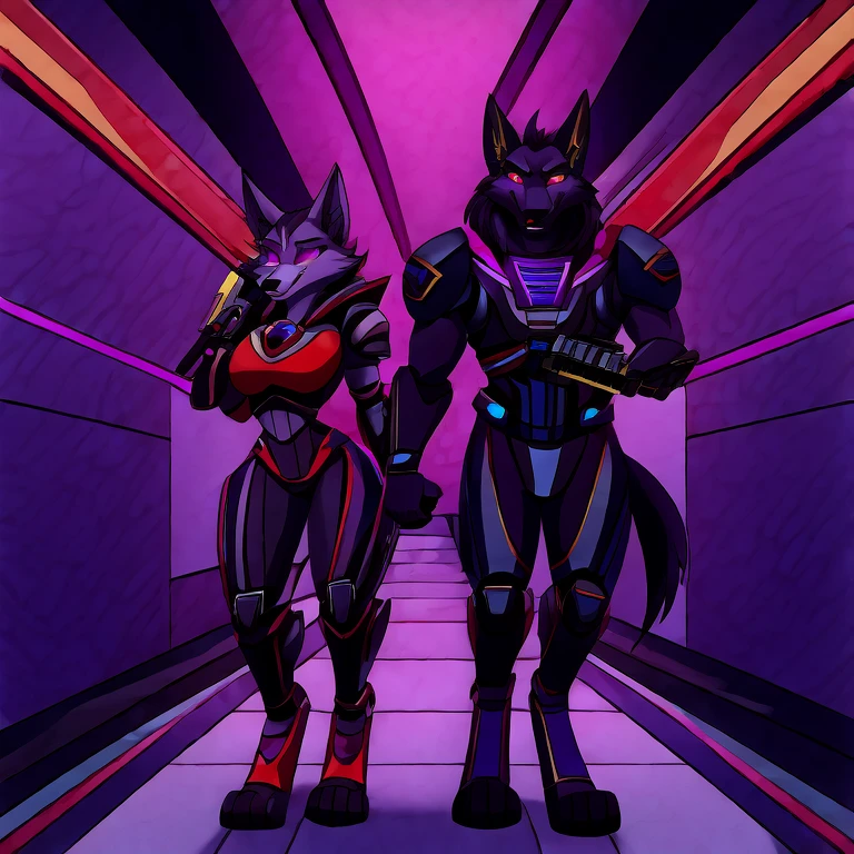 (masterpiece, best quality:1.2), Vortex female and male anubian jackals hellhounds couple, wolf, furry, helluva boss,  wearing futuristic armor, using a Pulse Rifle, Energy Rifle, Futuristic assault rifle, hypnotized with completely spyral glowing purple eyes with no irises or pupils, chasing, full body image, laboratoty hallway background