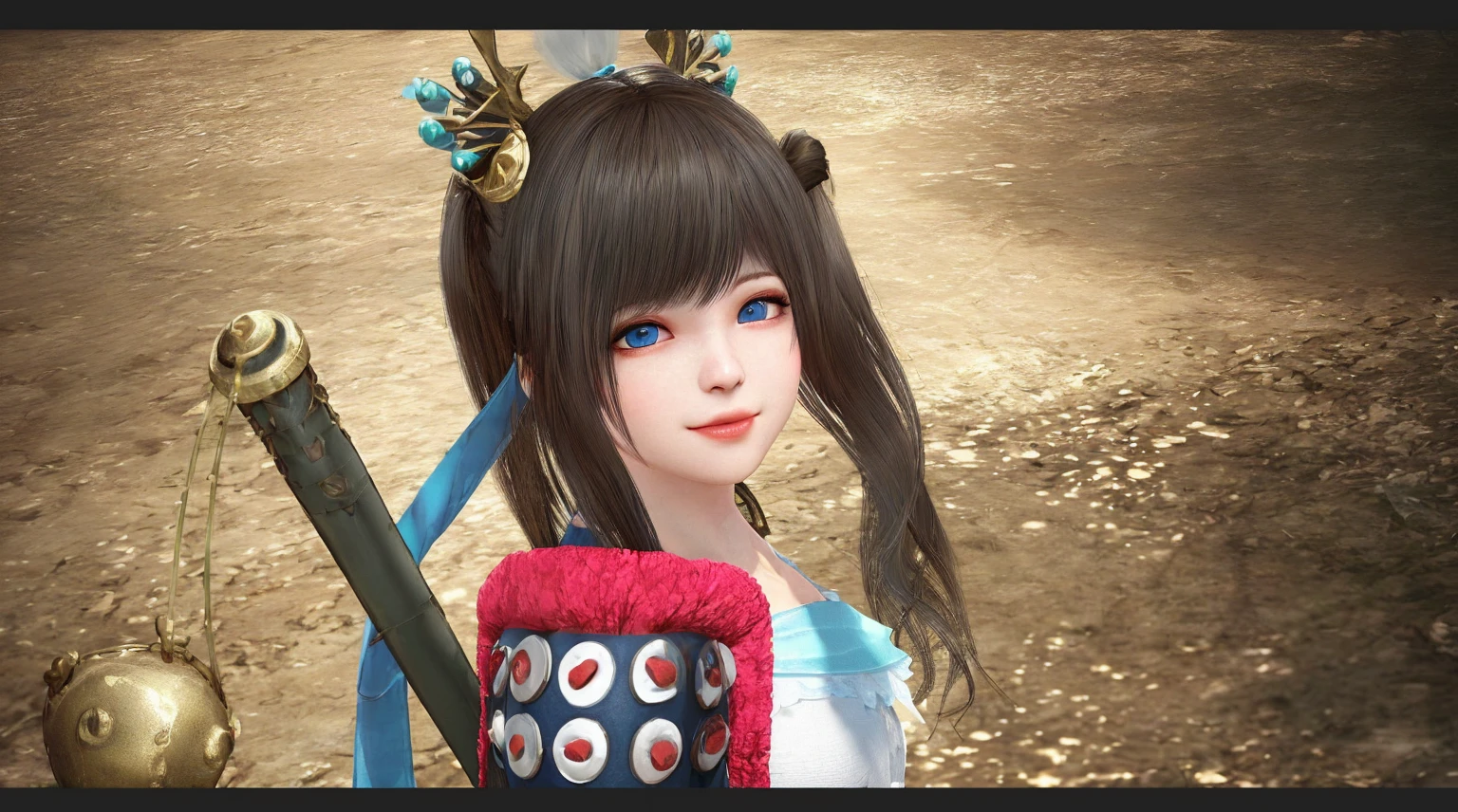 Create an image of a Tamer character from Black Desert Online, wearing the Premium Daru Outfit. The character has long hair tied into two ponytails on each side, giving a cute and adorable appearance. The hair should look soft and shiny, with a cheerful and friendly facial expression. The background could be a bright forest or a magical area that complements the character's cute vibe. Emphasize the outfit with smooth textures and vibrant colors, and use lighting effects that highlight the high-quality details of the overall image, realistic backround.