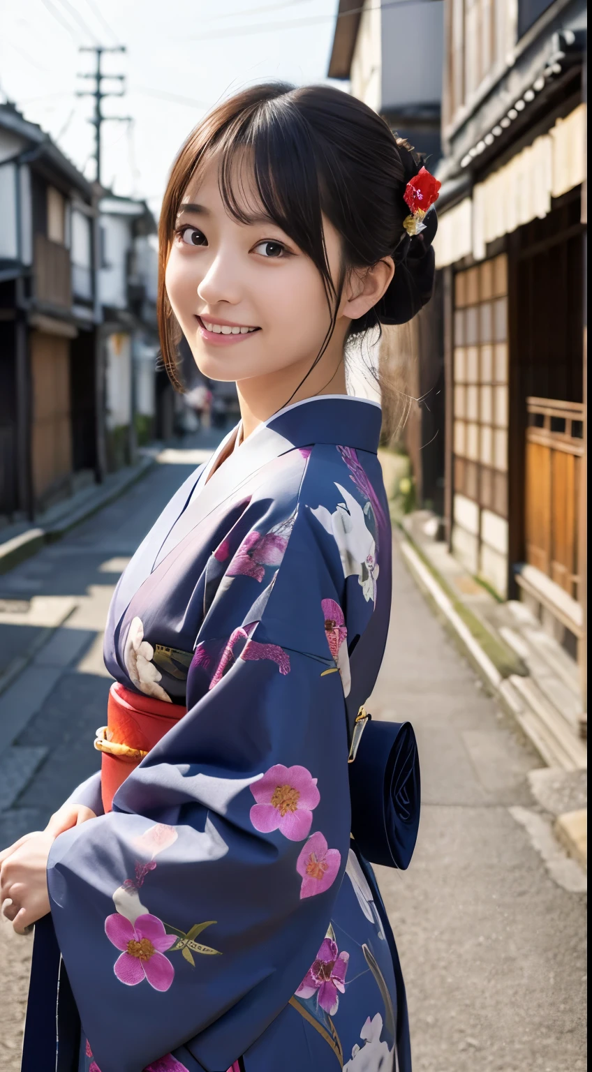 Professional Lighting,(Realistic:1.4), (Top image quality:1.0), (超High resolution:1.0), 8k, Raw photography, (masterpiece:0.2), (Dealing with the Children_v1:0.5)、(最高quality Detail:1.2)、Realistic、8kウルトラHD、High resolution、(1 girl:1.2)、超detailedな、High quality textures、複雑なdetailed、detailed、Very detailed CG、High quality shadows、detailed 美しく繊細な顔、Beautiful details and a delicate eye、(Symmetrical eyes:1.2),Written boundary depth、Ray Tracing,1 girl, Japanese Girls, (Natural smile:1.4),cute, thin, Portrait of a beautiful Japanese woman in a kimono, Standing elegantly on a street corner in Kyoto. Kimono with vibrant traditional patterns, Hair decorated with elegant and delicate hairpins, Gentle expression. (With the old streets of Kyoto in the background:1.4)、The soft light of a spring afternoon、Adding tranquility to the scene. Rendered in a Realistic style with great attention to detail, High resolutionの画像.Sky Porn, Magic Hour, (Realistic:1.3), finely, quality, (Tabletop:1.2), (Realistic:1.2), (最高quality), (複雑なdetailed), dramatic, Ray Tracing, photograph, +roller