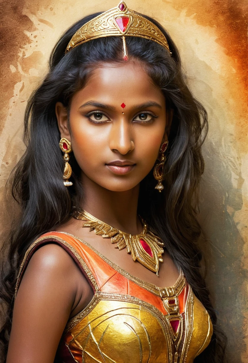 Painting of a ancient hindu goddess (((mythical))), 10 years old, watercolor, erotic sexy triangle half body, clear face, glamourous, cinematic light, raw painting, fine arts, ((((Raw detail)))), masterpiece, Extremely Realistic, Realism, Portrait, Raw photo, cinematic neon lighting, Photography, High detailed , photorealistic, shot on sony vanice camera, high heels, DDRFashion, Extremely Realistic, r4w photo, klmgirl,High-resolution detail capturing the natural texture of the skin, including pores, fine lines, and natural highlights and shadows, Emphasize a natural, healthy glow, showcasing the beauty of real dark skin, A graceful, confident posture with a gentle smile or a serene expression
