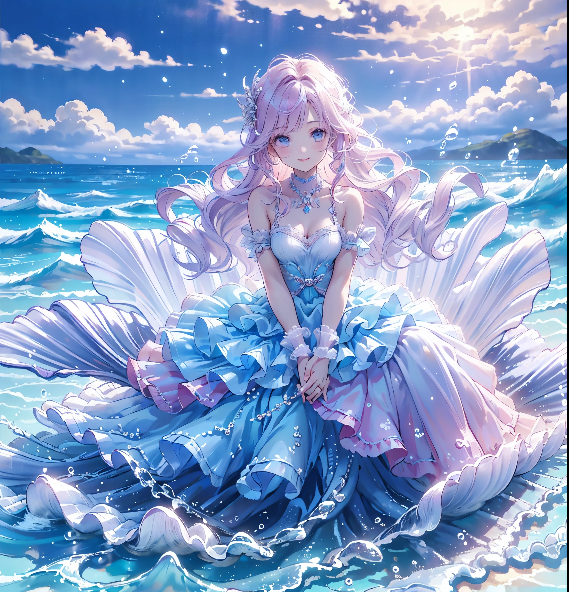 (Exquisite, beautiful, Very detailed, masterpiece, high quality, Confused, High resolution, Full HD, 16K), (woman,Mermaid),(Sitting on a large white shell),((Happy, fun, smile, Laughter:1.3)), (Bob, Wavy Hair, Pink Hair), ((bare hands:1.5)),Purple eyes, ((Sing a song:1.5)),Big eyes, Fair skin, slim,( Soft Edge, Soft lines), Wide Shot, (Saturated colors, Bright colors, pastel colour), (under the beautiful sea, Sea), Dramatic lighting, Warm lighting, Soft lighting, Fantasy, Romantic atmosphere, Dreamy atmosphere, floating