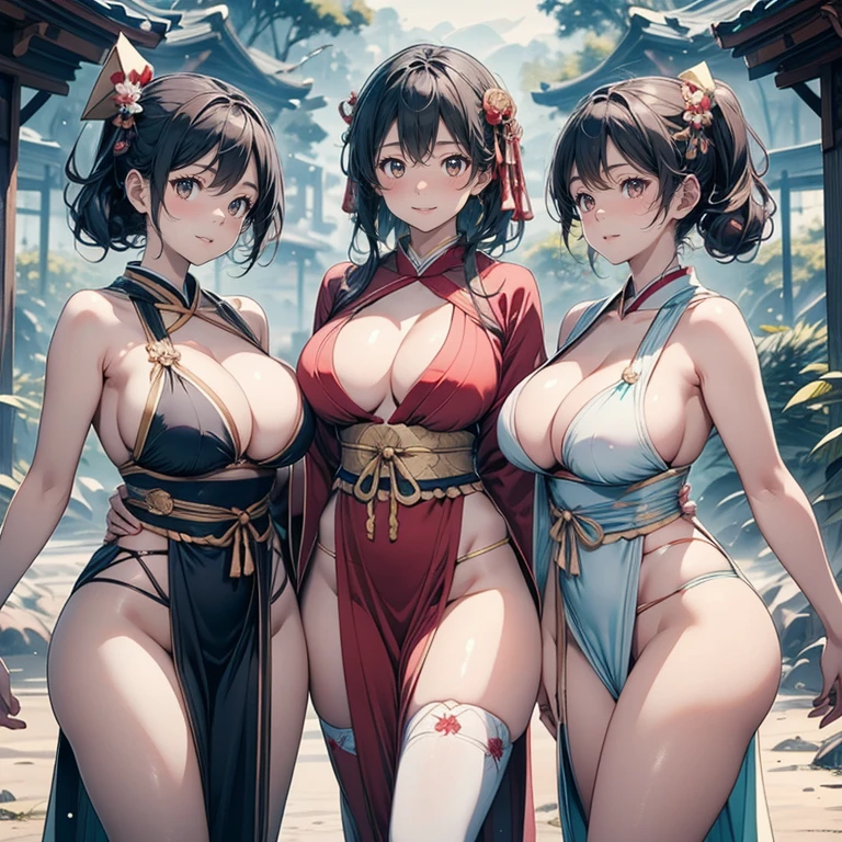 Highest quality, Super detailed, (Ultra-high resolution,8k), Ultra-high definition 4K, (Perfect Anatomy), (The three pure shrine maidens:1.3), (In a ring), (High-quality facial beauty), (In the Storm:1.2), (Photorealistic), (Detailed big breasts), Soft Skin, Glowing Skin, Bright lighting, 非常に激Shii雨, colorful, god々Shii, Professional photography techniques, Stretching oneself, (Detailed shrine maiden costume)