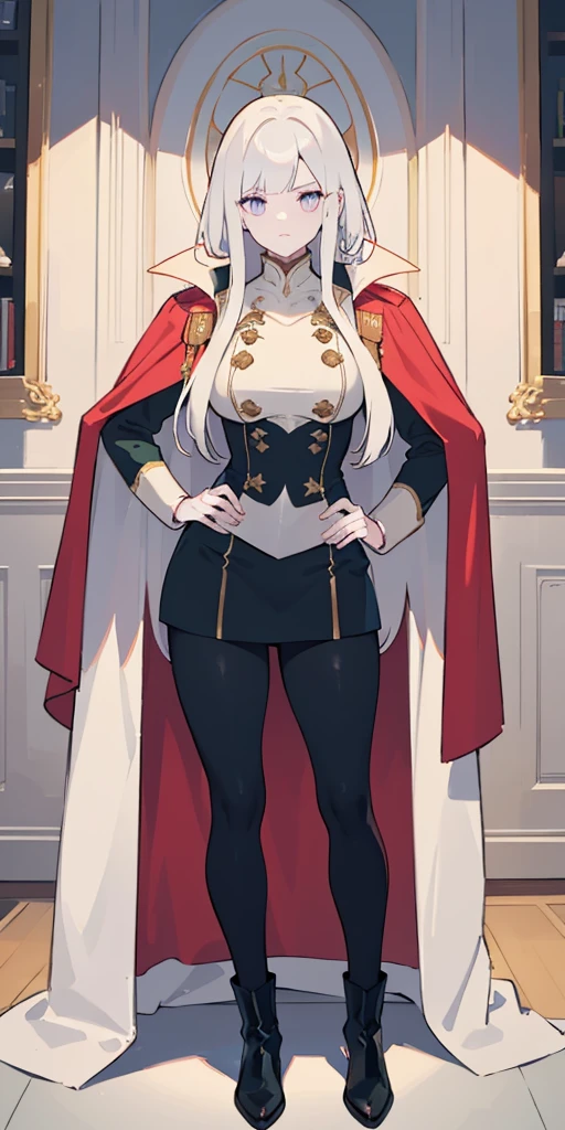 A woman with long platinum bob hair, white arched crescent eyebrows, sharp and determined eyes, a delicate oval face, a serious expression, a fantasy-style dark green military coat, draped with a dark red waist-length cloak, military trousers, military leather combat boots (silver greaves leggings) one hand on her hip and the other on her chest proudly, red cheeeks heavy makeup, standing in a spacious training ground, this character embodies a finely crafted fantasy-style female military officer in anime style, exquisite and mature manga art style, pale skin, high definition, best quality, highres, ultra-detailed, ultra-fine painting, extremely delicate, professional, perfect body proportions, golden ratio, anatomically correct, symmetrical face, extremely detailed eyes and face, high quality eyes, creativity, RAW photo, UHD, 32k, Natural light, cinematic lighting, masterpiece-anatomy-perfect, masterpiece:1.5