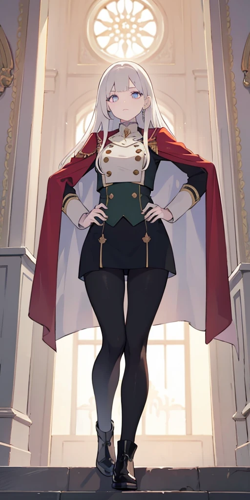 A woman with long platinum bob hair, white arched crescent eyebrows, sharp and determined eyes, a delicate oval face, a serious expression, a fantasy-style dark green military coat, draped with a dark red waist-length cloak, military trousers, military leather combat boots (silver greaves leggings) one hand on her hip and the other on her chest proudly, red cheeeks heavy makeup, standing in a spacious training ground, this character embodies a finely crafted fantasy-style female military officer in anime style, exquisite and mature manga art style, pale skin, high definition, best quality, highres, ultra-detailed, ultra-fine painting, extremely delicate, professional, perfect body proportions, golden ratio, anatomically correct, symmetrical face, extremely detailed eyes and face, high quality eyes, creativity, RAW photo, UHD, 32k, Natural light, cinematic lighting, masterpiece-anatomy-perfect, masterpiece:1.5