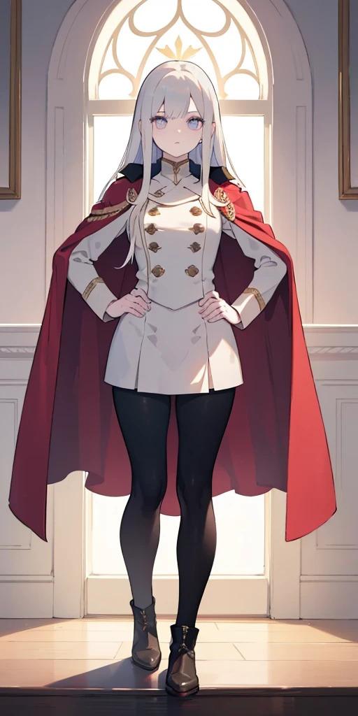 A woman with long platinum bob hair, white arched crescent eyebrows, sharp and determined eyes, a delicate oval face, a serious expression, a fantasy-style dark green military coat, draped with a dark red waist-length cloak, military trousers, military leather combat boots (silver greaves leggings) one hand on her hip and the other on her chest proudly, red cheeeks heavy makeup, standing in a spacious training ground, this character embodies a finely crafted fantasy-style female military officer in anime style, exquisite and mature manga art style, pale skin, high definition, best quality, highres, ultra-detailed, ultra-fine painting, extremely delicate, professional, perfect body proportions, golden ratio, anatomically correct, symmetrical face, extremely detailed eyes and face, high quality eyes, creativity, RAW photo, UHD, 32k, Natural light, cinematic lighting, masterpiece-anatomy-perfect, masterpiece:1.5